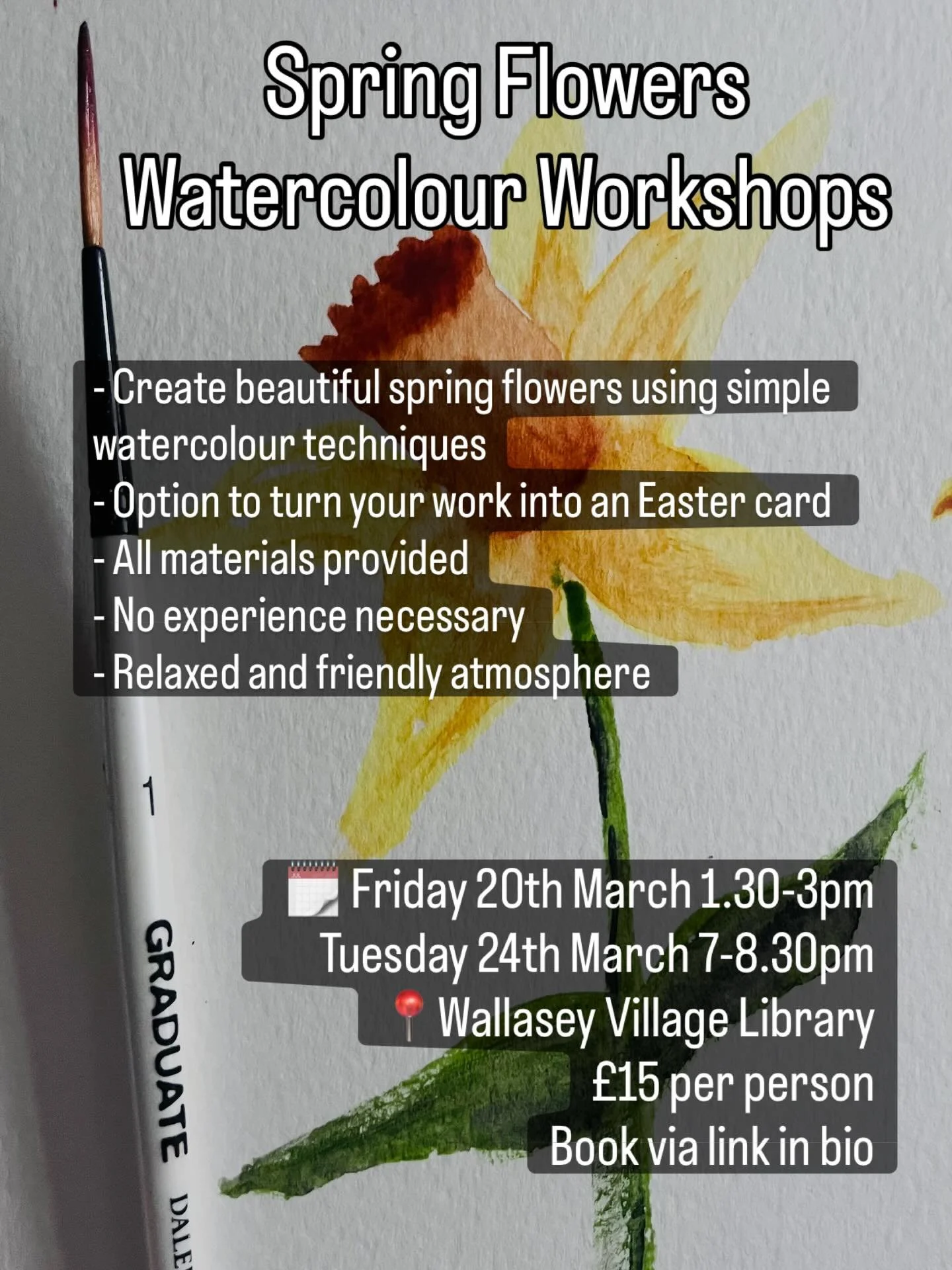 Join us for a relaxing watercolour session inspired by beautiful spring flowers 🌷 
You will be guided to create simple flowers using watercolours, including daffodils, tulips and bluebells. 
There will be the option to turn your work into an Easter 