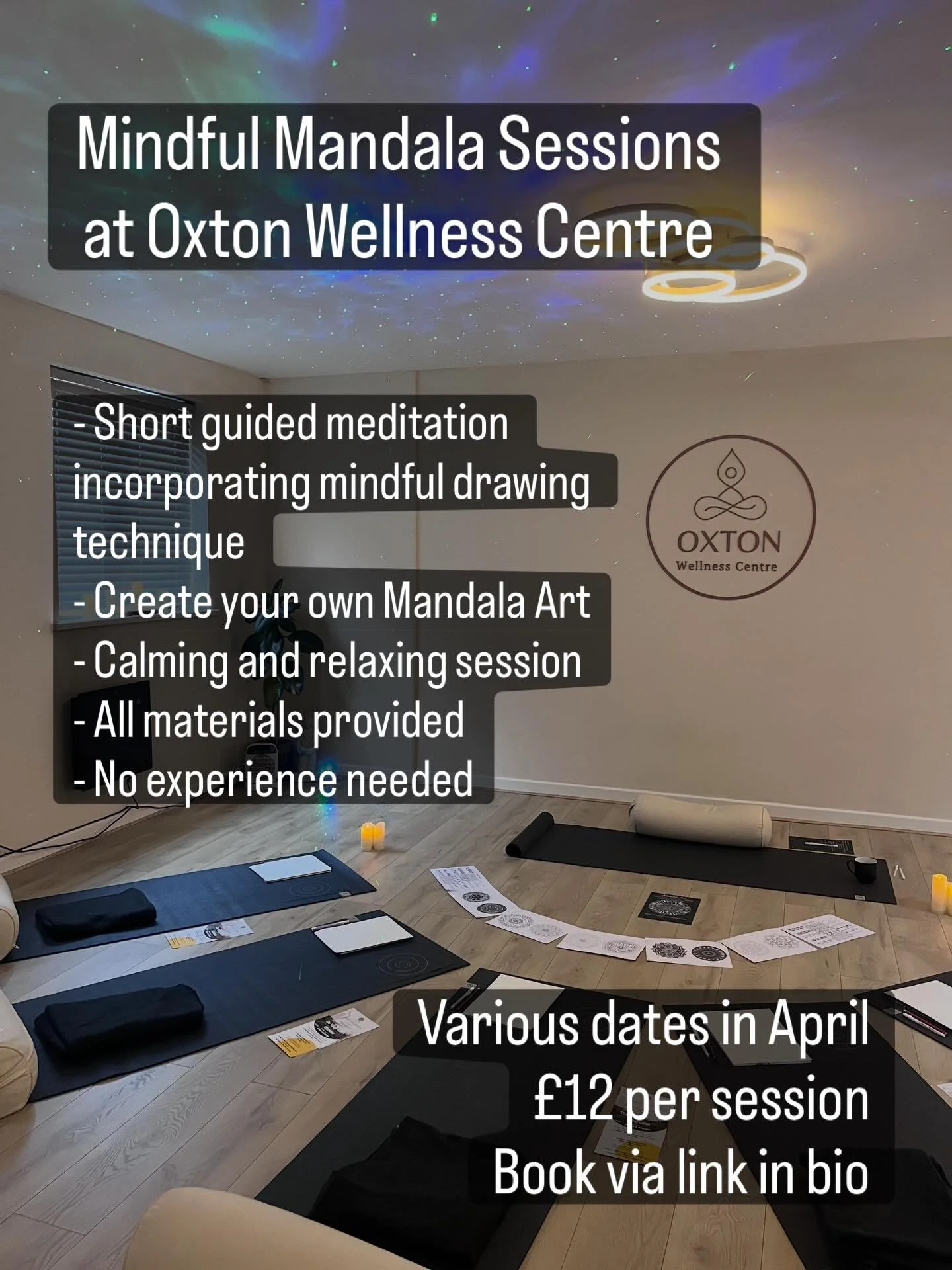 New dates for our Mindful Mandala Sessions at Oxton Wellness Centre ✨

Join us for a relaxing session using meditative drawing to unlock your creativity ✍️

We will begin with a short guided meditation incorporating a mindful drawing technique. You w
