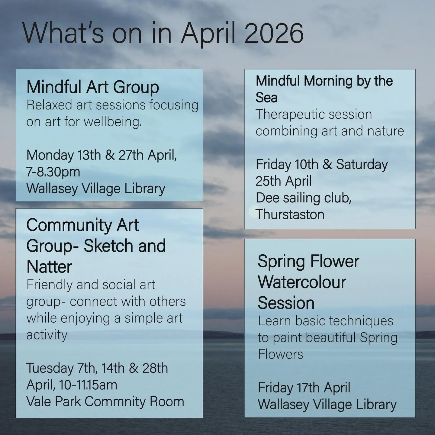 What&rsquo;s on in April 2026 ✨

You can book onto all of the sessions via link in bio

#whatsonwirral #wirral #arttherapy #mindfulness #wellbeing