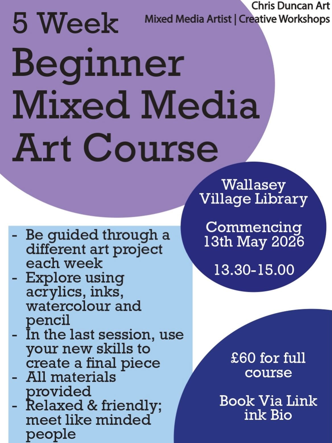 ✨Join our 5 week Mixed Media Art Course- a fun and friendly introduction to a variety of art mediums ✨

Each week we will complete a beginner friendly art project in a different medium. This will include acrylics, watercolour, ink, sketching/pencil. 