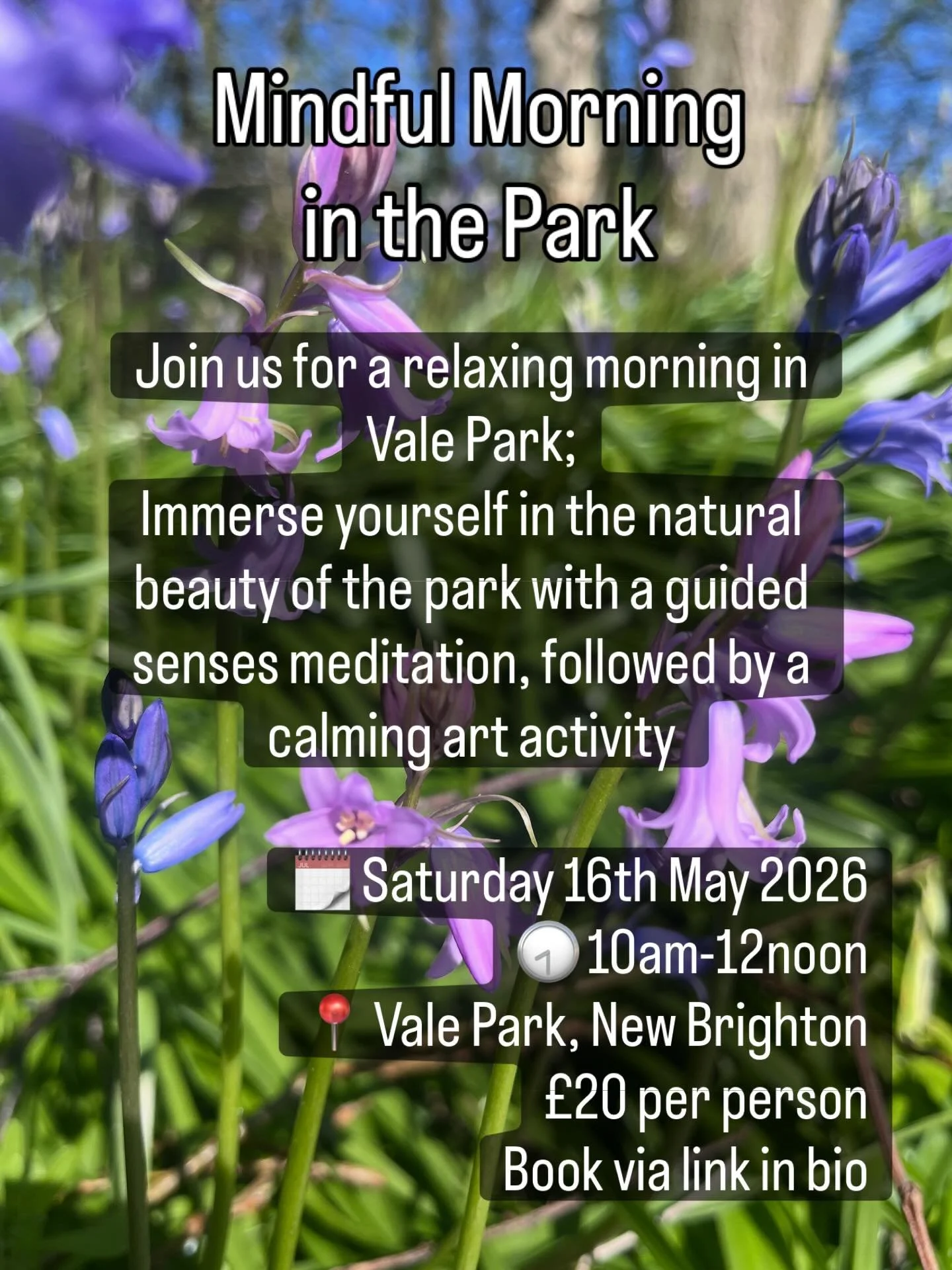 Where: Vale Park Community Centre, Vale Park, New Brighton CH45 1LZ

Date: Saturday 16th May 2026

Time: 10am - 12 noon

Slow down and de-stress with our Mindful Morning in the Park

We will go for a short walk in the park, complete a guided senses m