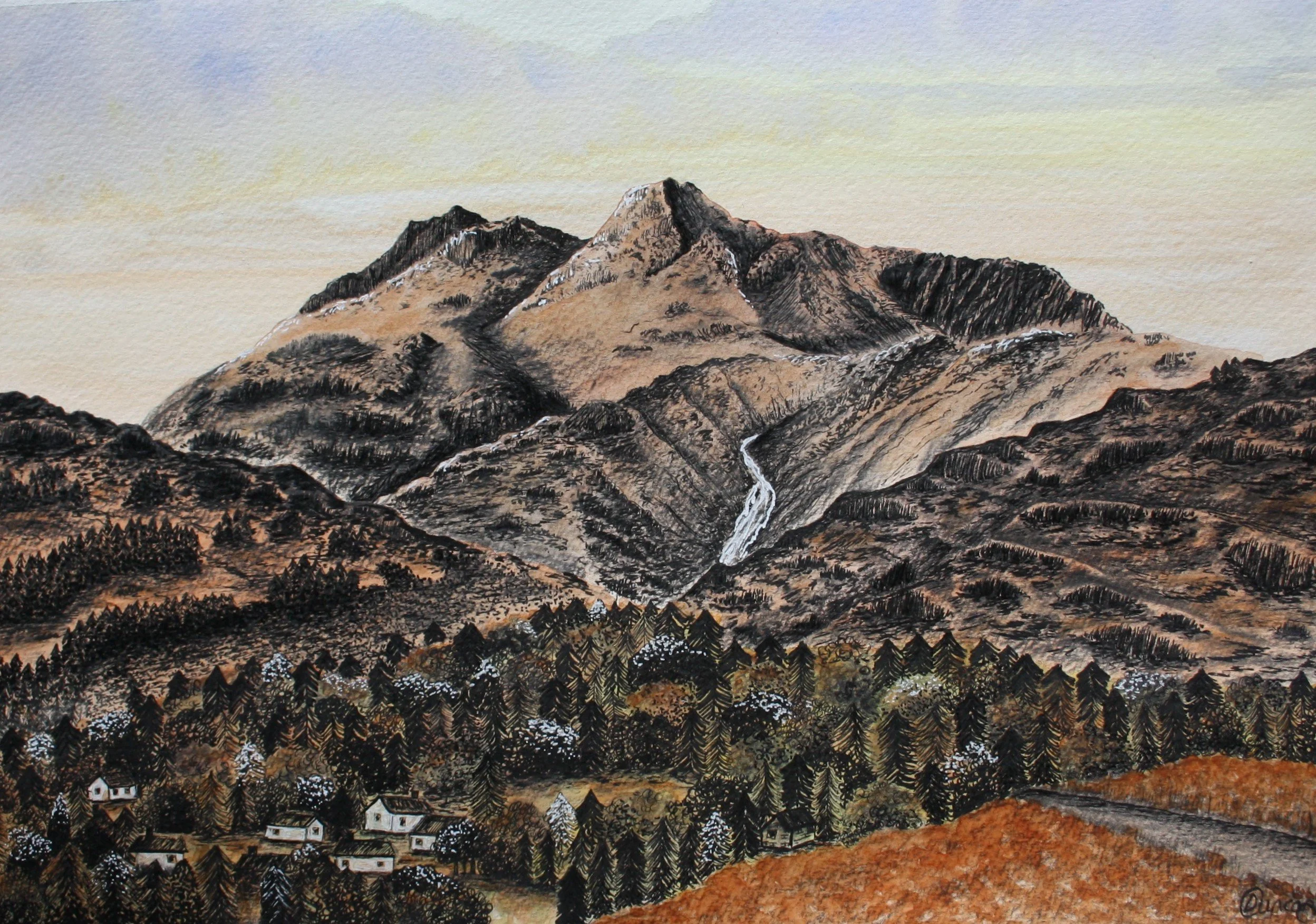 Watercolor painting of a mountain range with a waterfall flowing from the peaks, surrounded by dense forest and small houses at the base.