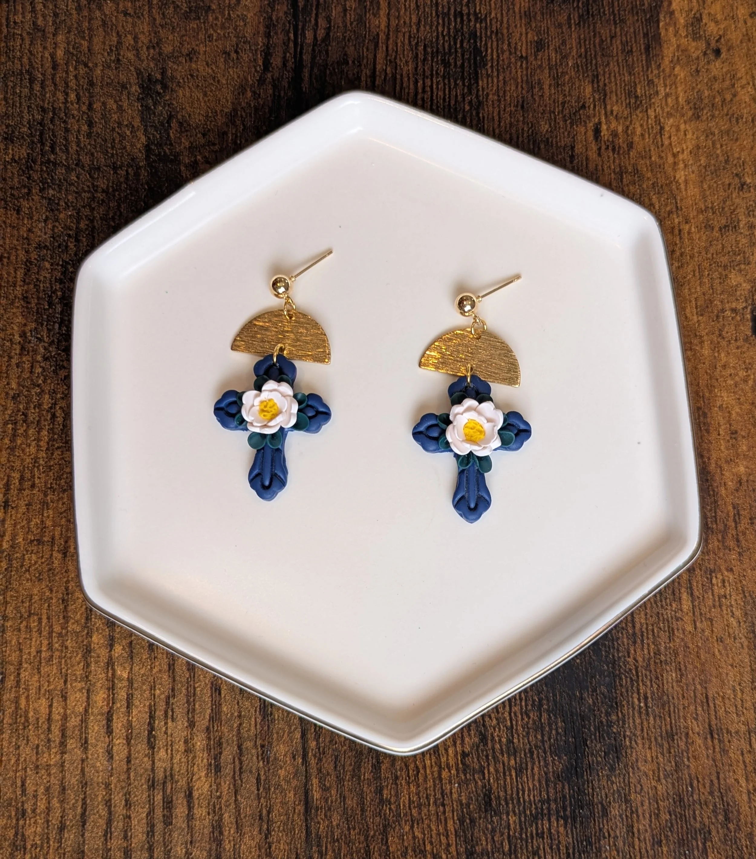 Blue Floral Cross Dangles