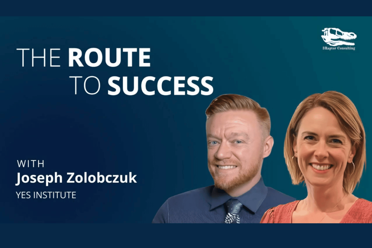 Promotional graphic for a podcast or seminar titled "The Route to Success" with Joseph Zolobczuk from the YES Institute. Features two smiling speakers, a man with a beard and a woman with short hair, set against a blue background with a logo of a dinosaur or crocodile in the top right corner.