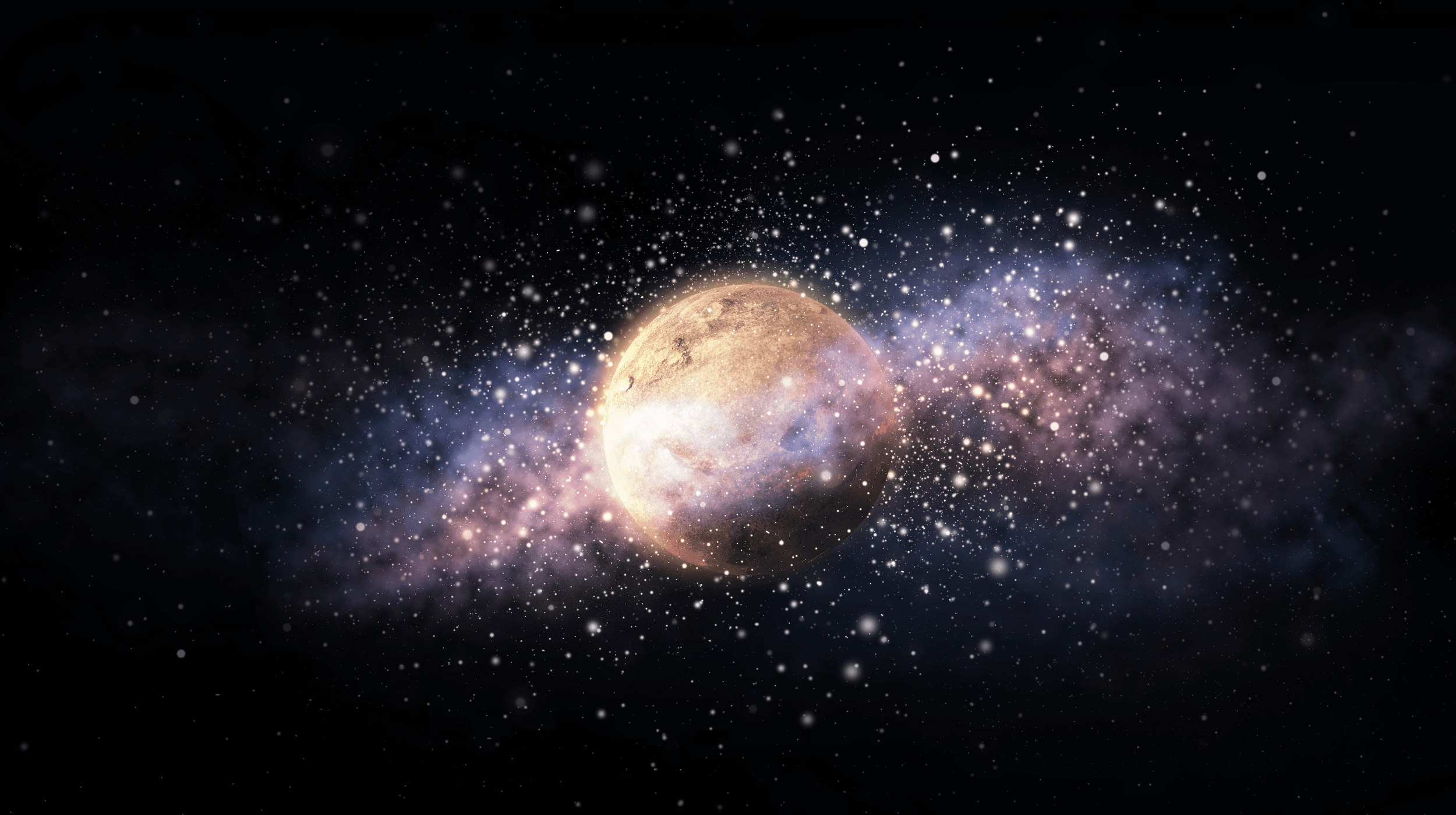 A digital illustration of a planet in space with a galaxy and stars surrounding it.