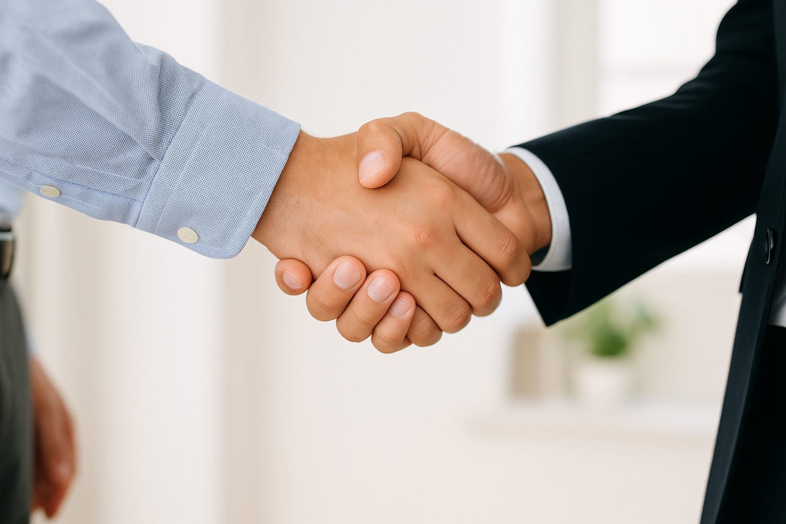 Handshake between two individuals, one in a light blue shirt and the other in a dark suit, in a professional setting.