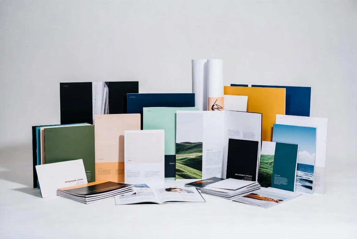 Collection of various open and closed magazines and booklets with colorful covers, arranged on a white surface against a light background.