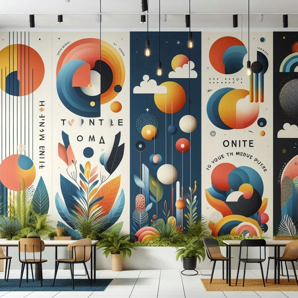Colorful abstract mural artwork in a modern cafe or workspace with tables, chairs, and potted plants, featuring geometric shapes, clouds, and celestial motifs in warm tones of orange, blue, and yellow.
