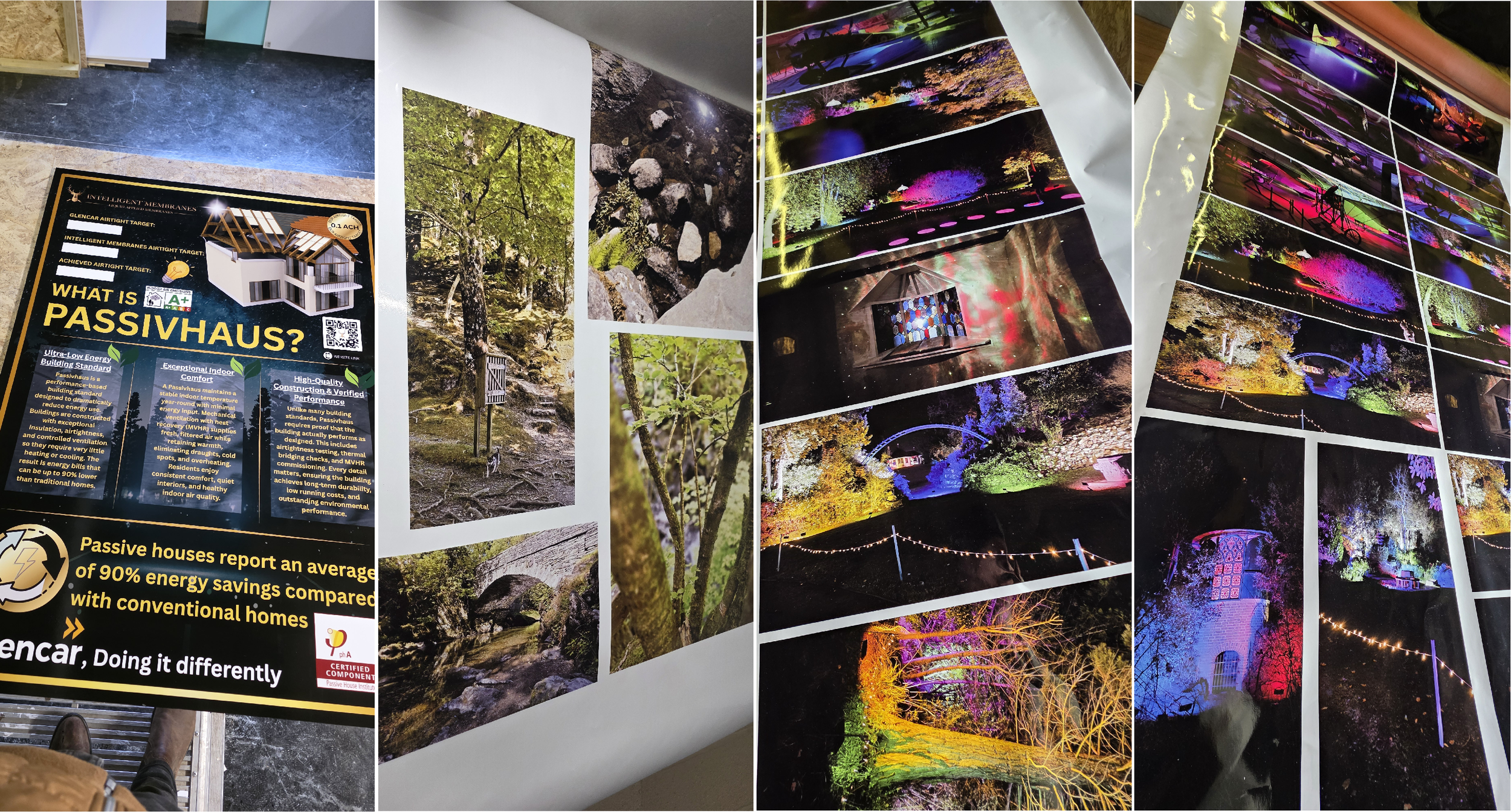 A table with a colorful brochure about passive houses and several printed photos of outdoor scenes, including trees, rocks, and illuminated building displays at night.