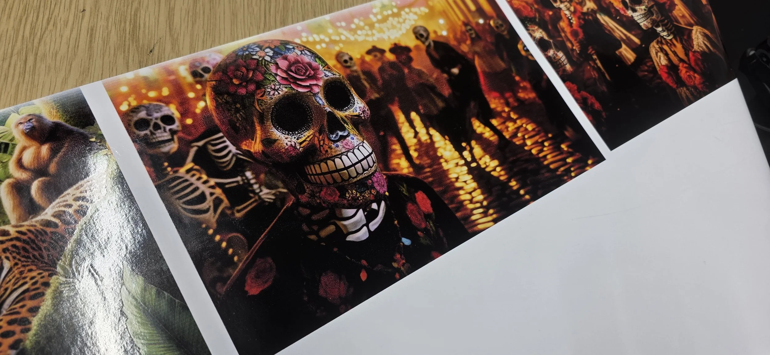 A colorful photograph of a person wearing a decorative sugar skull mask for Día de los Muertos, with a background of candles and people in costumes.