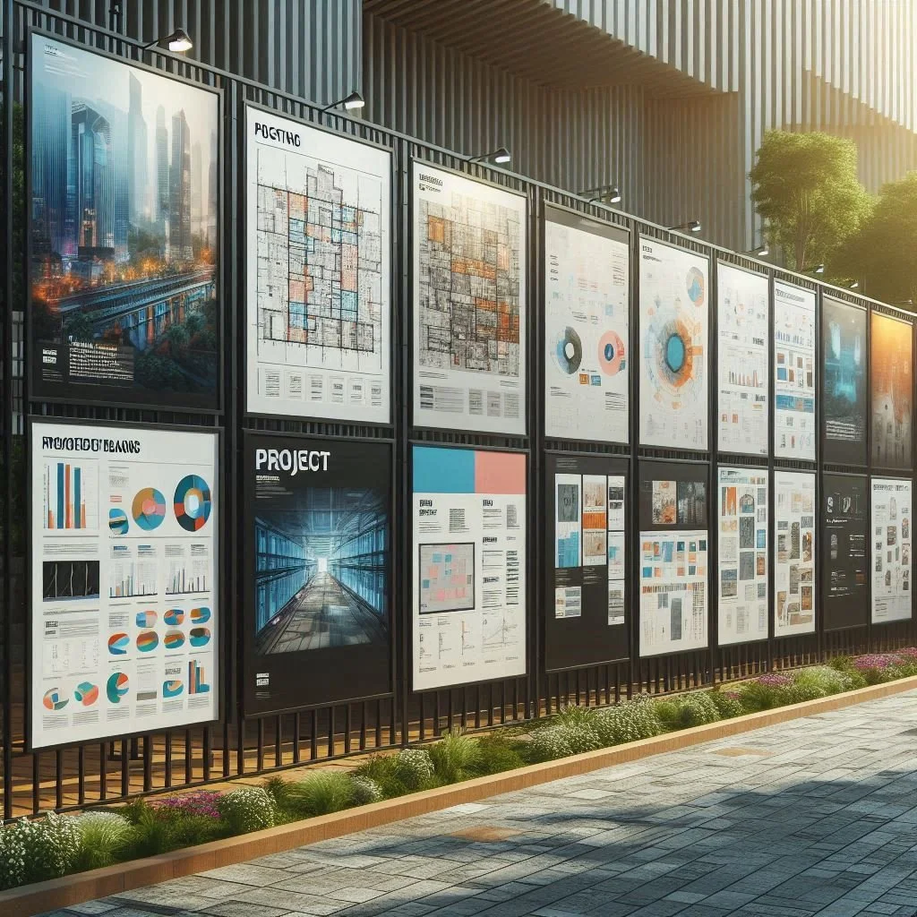 Outdoor display of multiple large posters with charts, graphs, and architectural plans on a black metal fence along a sidewalk, with trees and a modern building in the background.