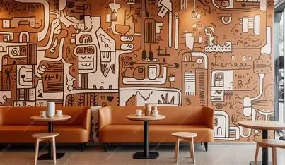 Interior of a cafe with a brown leather sofa, three small tables with cups, and a wall mural featuring abstract, geometric shapes and faces in earth tones.