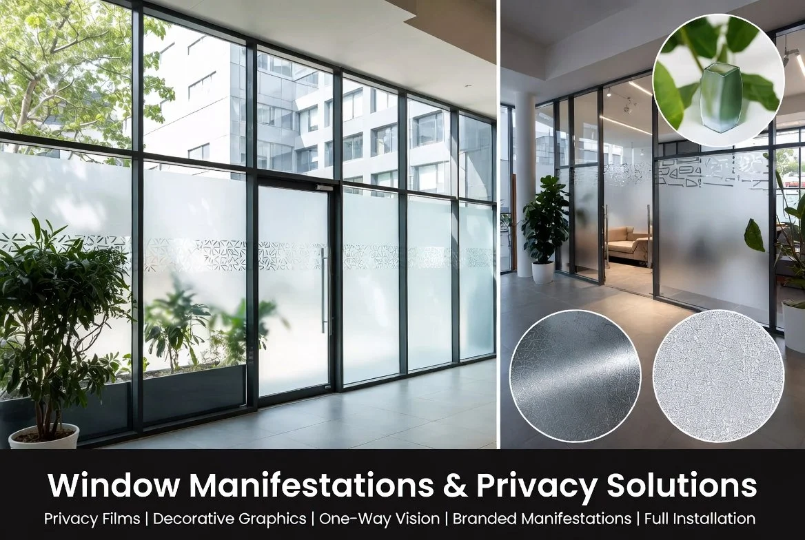 An interior office space with large glass windows and doors, some of which are frosted for privacy. There are green potted plants, decorative graphics on glass panels, and two close-up textures of window films, one dark and one light. The scene highlights window manifestation and privacy solution options.