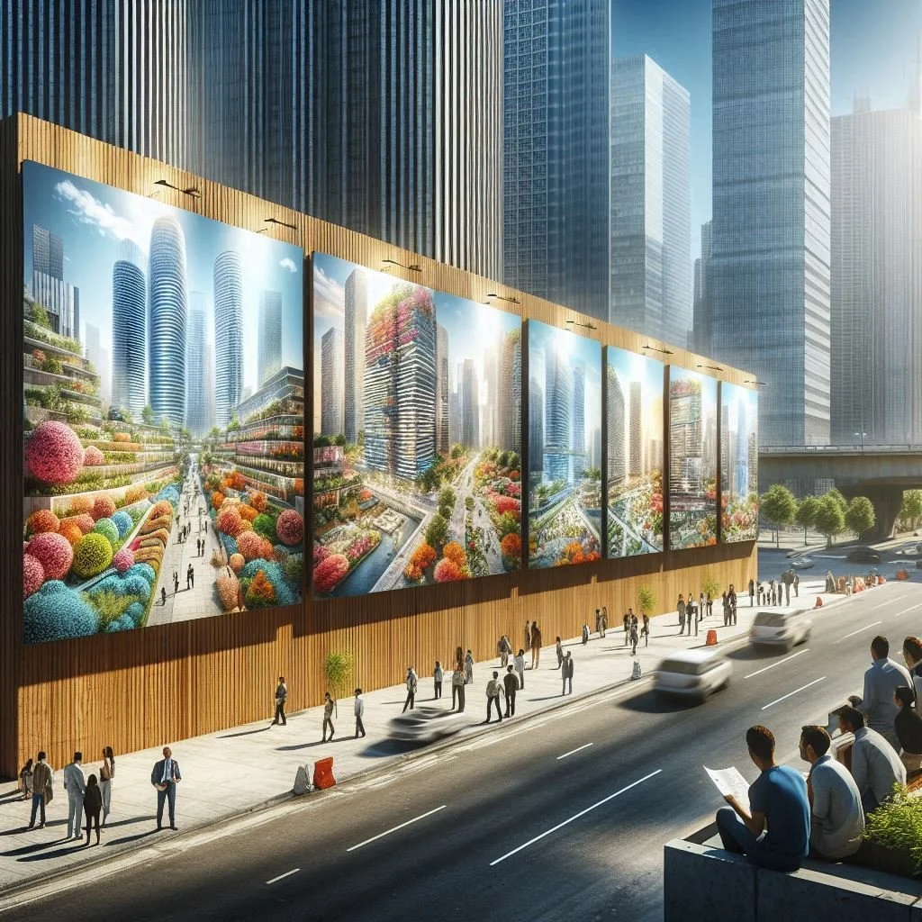 A city street with people walking on the sidewalk and sitting on a ledge, featuring a large billboard displaying a futuristic urban development with skyscrapers, greenery, and vibrant flowers.
