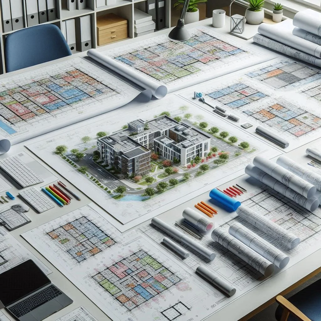 Architectural blueprints, a 3D model of a modern apartment complex, and various drawing tools spread across a large table in a well-lit office setting, with shelving and potted plants in the background.