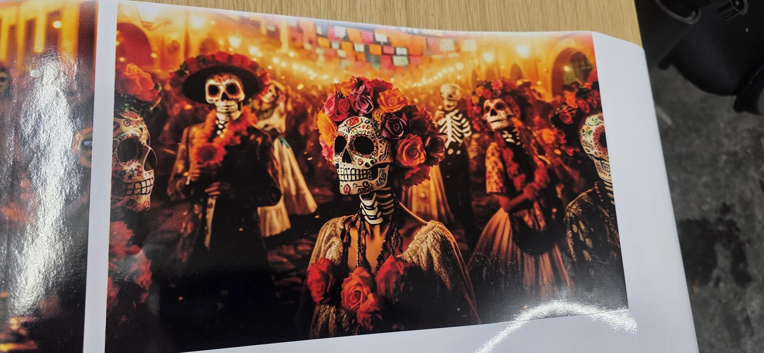 People dressed in colorful skeleton costumes and floral skull masks celebrating Day of the Dead in a decorated festive setting.