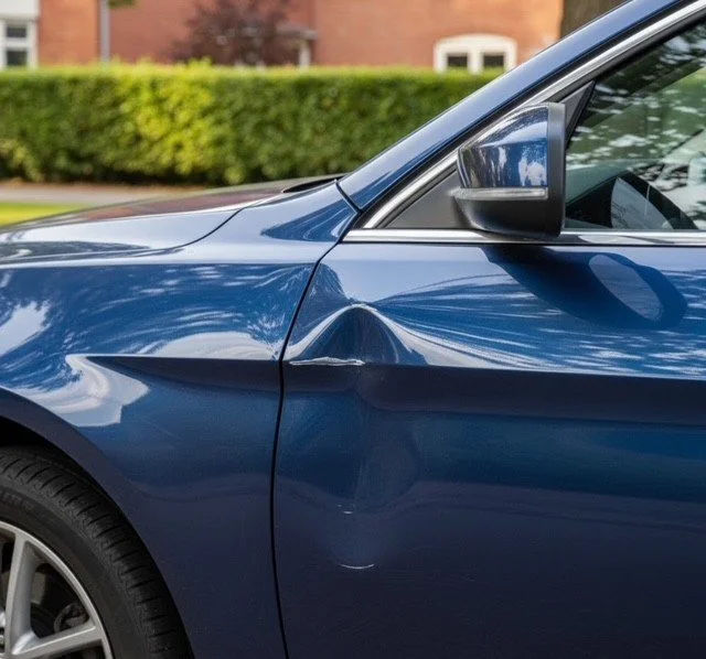 Side view of a blue car with a dent and scratch on the front passenger door, with a background of green bushes and a brick building.