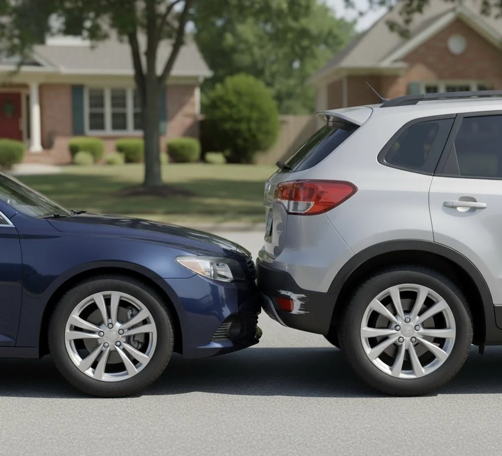 A blue sedan has rear-ended a silver SUV on a suburban street, with visible bumper damage on the SUV.