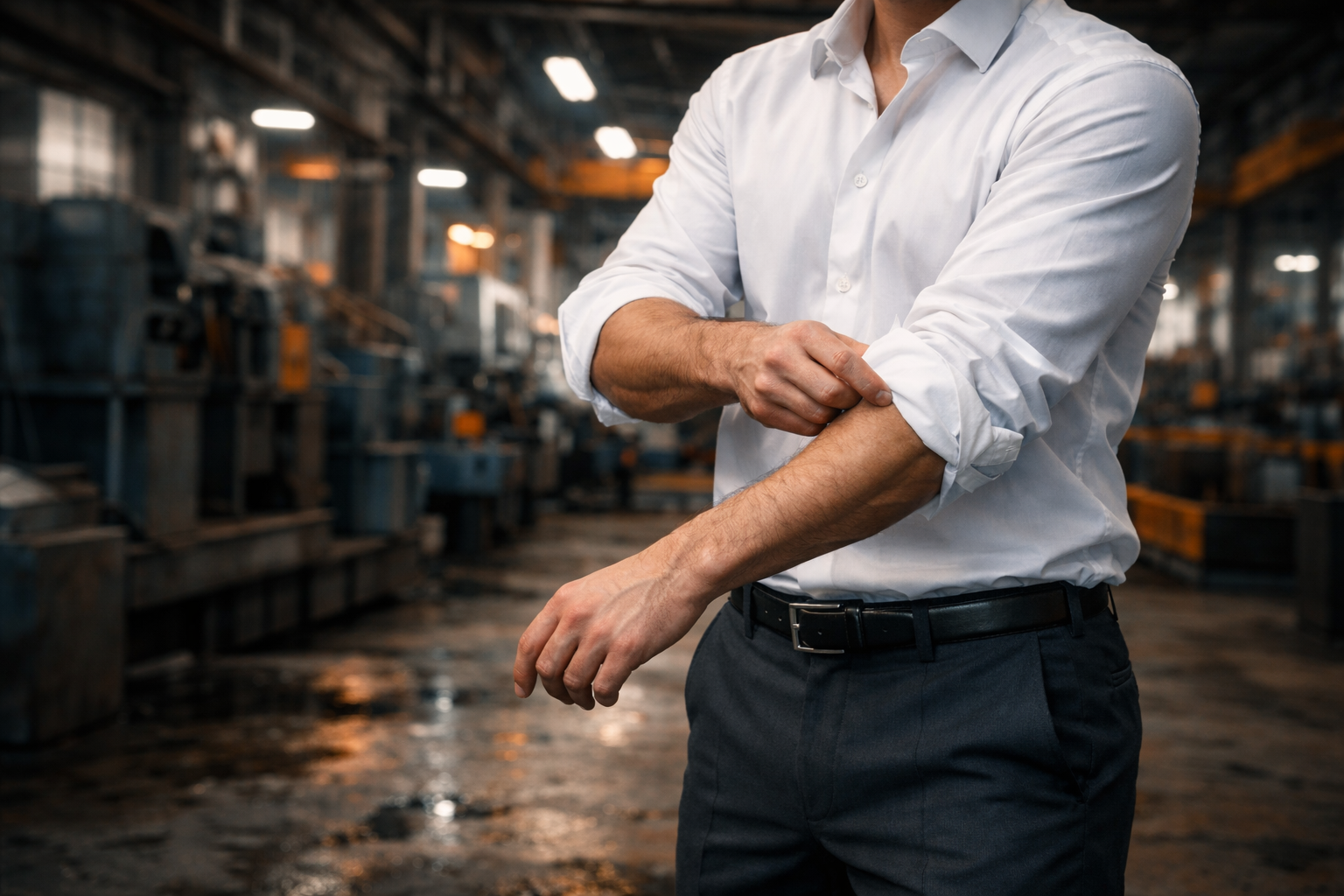 A man in a white shirt rolling up his sleeve in an industrial warehouse setting.