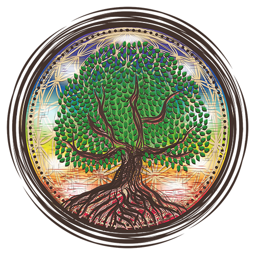 Colorful illustration of a tree with green leaves, brown branches, and roots, set against a rainbow sunset background enclosed in a circular frame.