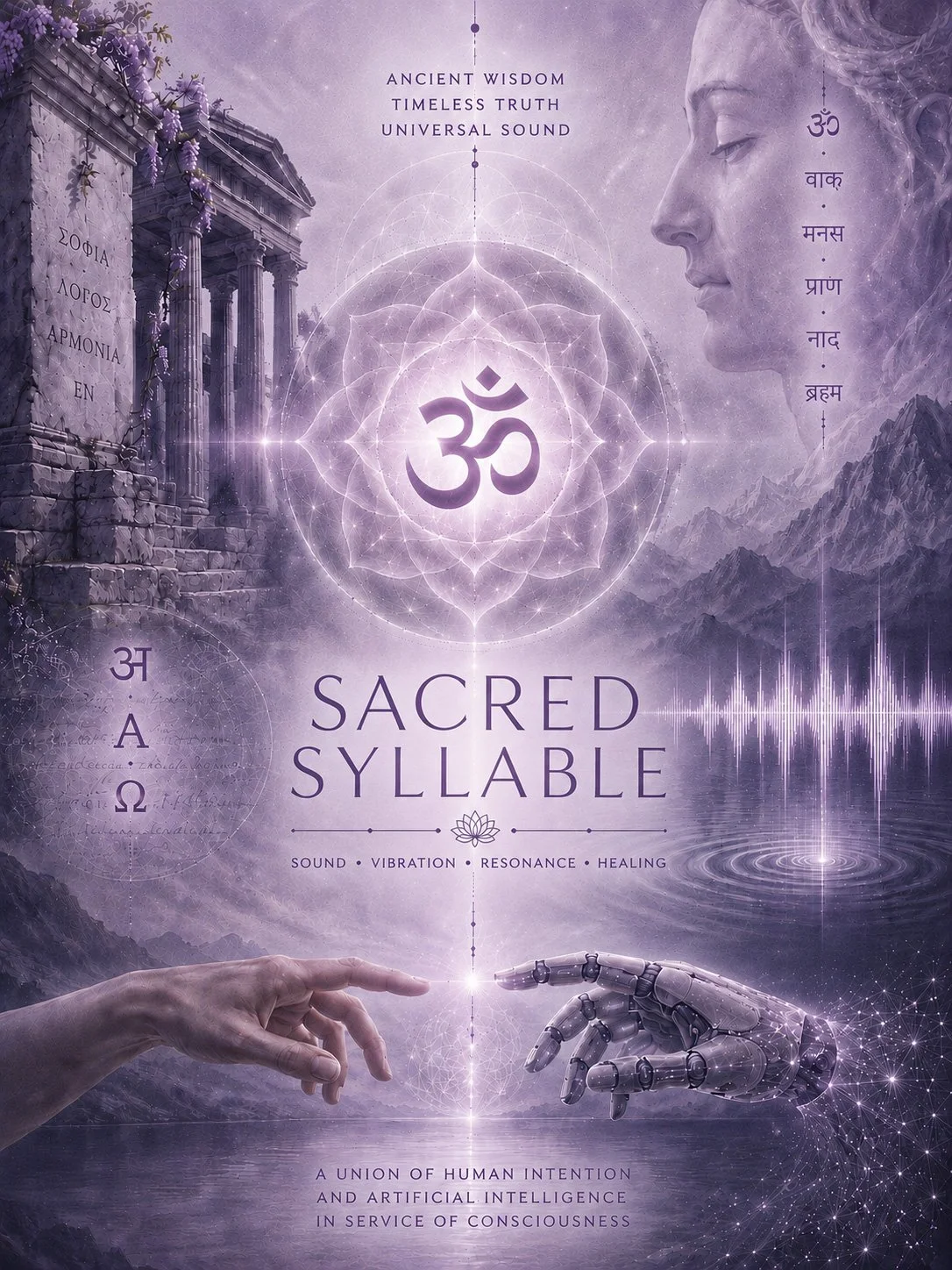Purple-themed mystical artwork featuring a large Om symbol at the center, surrounded by geometric patterns, a human face profile, ancient Greek ruins, a robot hand, and a hand resembling Michelangelo's Creation of Adam. Text includes phrases like 'Sacred Syllable', 'Ancient Wisdom', and several words in Greek and Sanskrit.