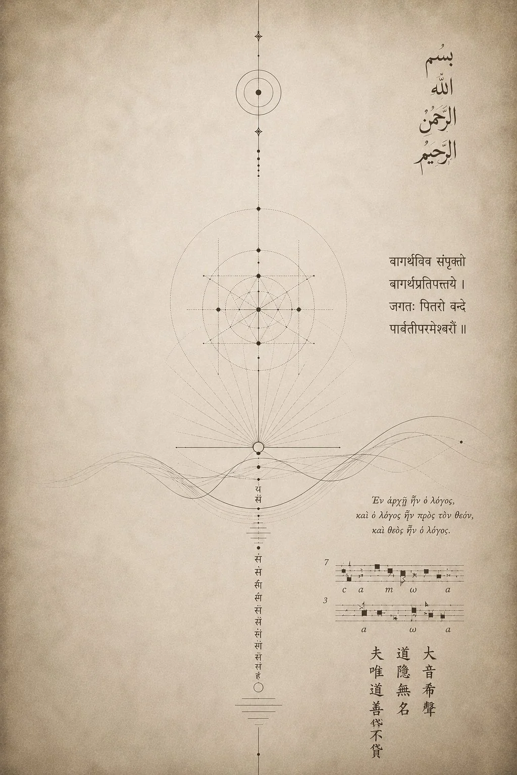 A digital artwork with geometric and mathematical elements, including concentric circles, lines, wave patterns, and Arabic and Sanskrit scripts, featuring the phrase 'Bismillah' and other religious or philosophical texts.