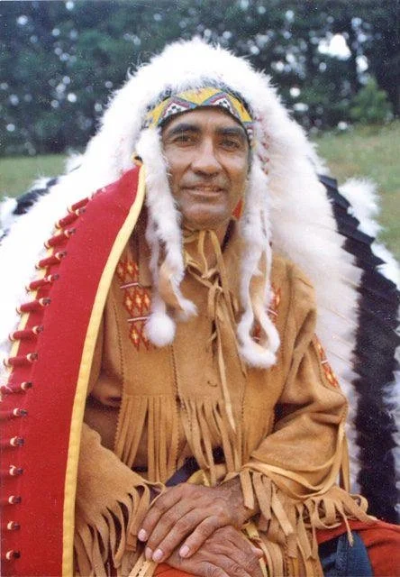 Man dressed in traditional Native American attire with a feathered headdress and fringed clothing, outdoors.