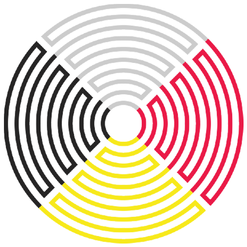 A colorful, stylized fingerprint graphic with black, red, and yellow sections.