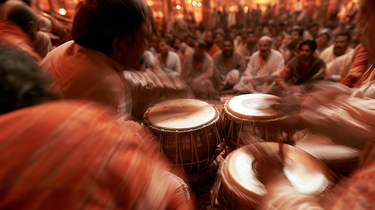 A person playing drums in a large, lively gathering with many seated people, warm lighting, and a festive atmosphere.