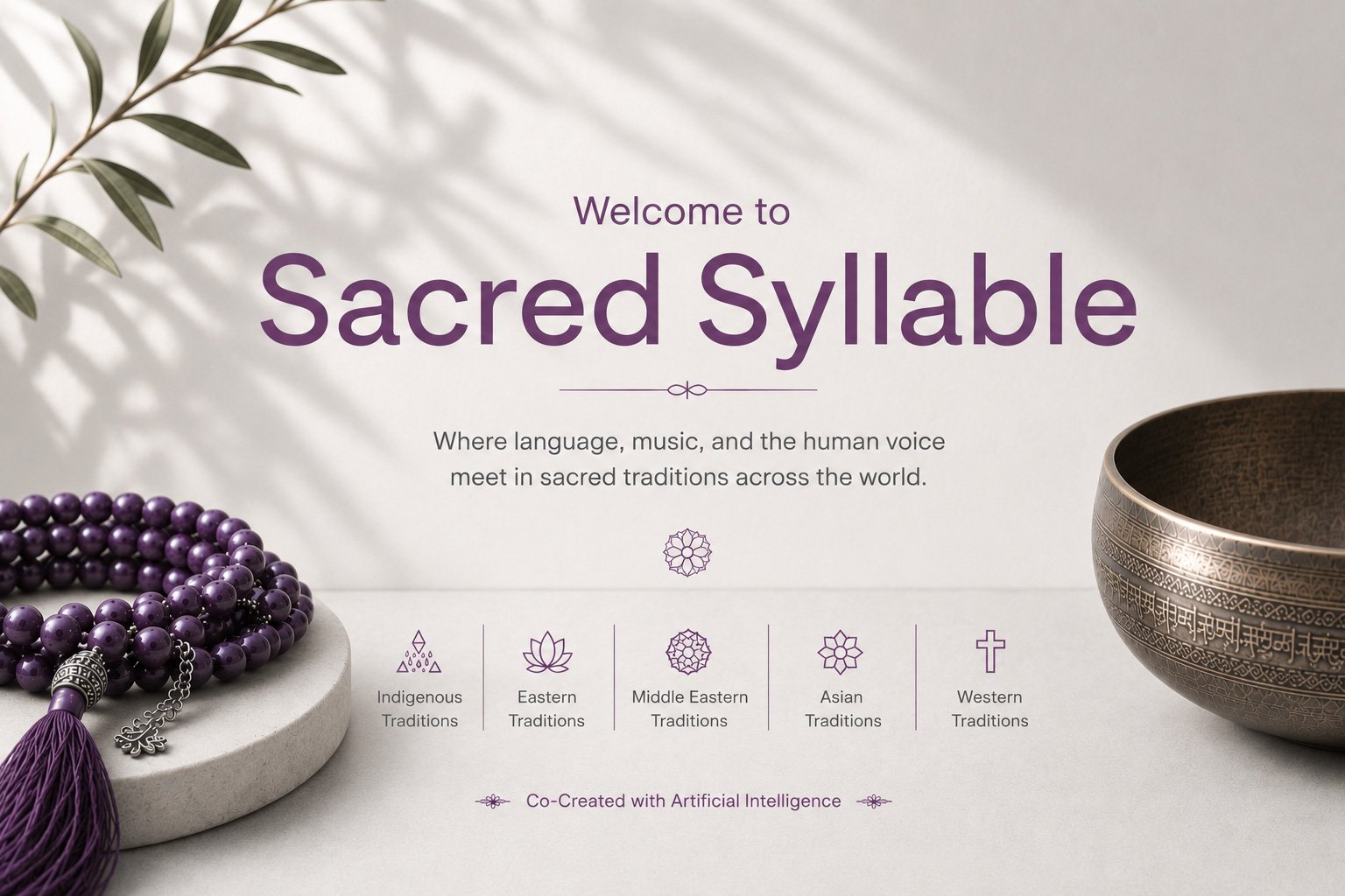 Welcome to Sacred Syllable: A space exploring sacred traditions worldwide, featuring spiritual symbols and beads, with text about indigenous, eastern, middle eastern, Asian, and western traditions.