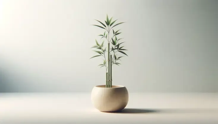 A potted plant with bamboo stems and green leaves in a beige round pot on a plain surface.