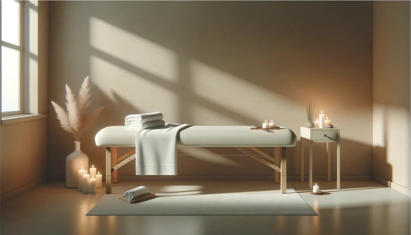 A serene massage room with a massage table, candles, and soft natural lighting.