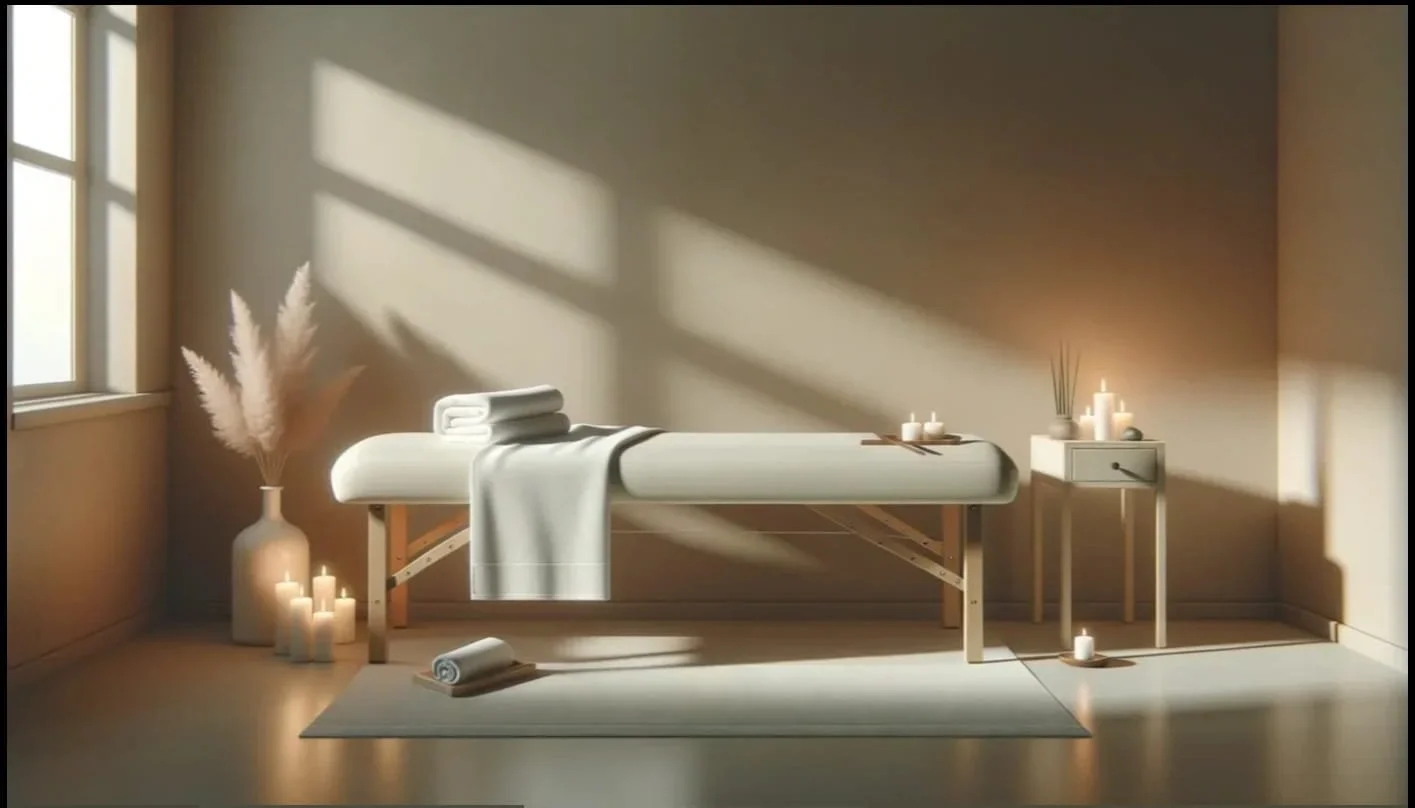 A calming massage room with a massage table, rolled towels, candles, and minimalist decor illuminated by soft natural light.