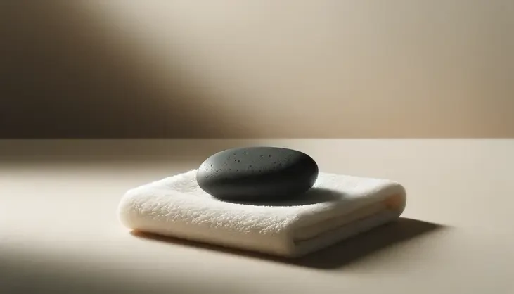 A black smooth stone on a folded white towel, with soft lighting and neutral background.