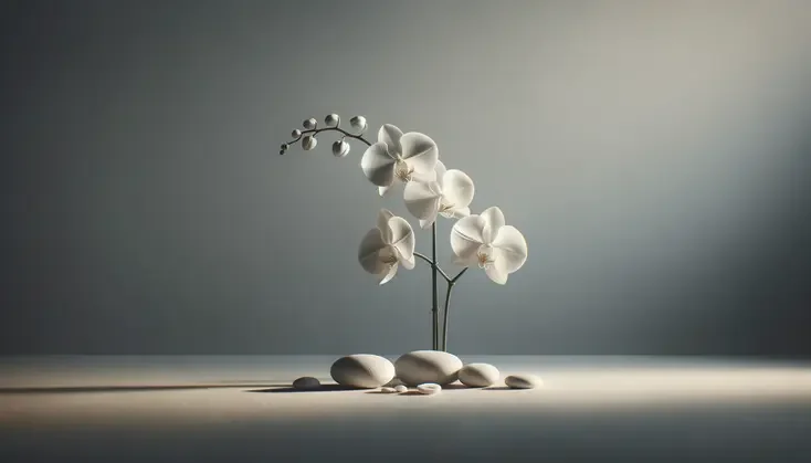 A minimalist arrangement of white orchids, smooth stones, and small white buds against a gradient background.