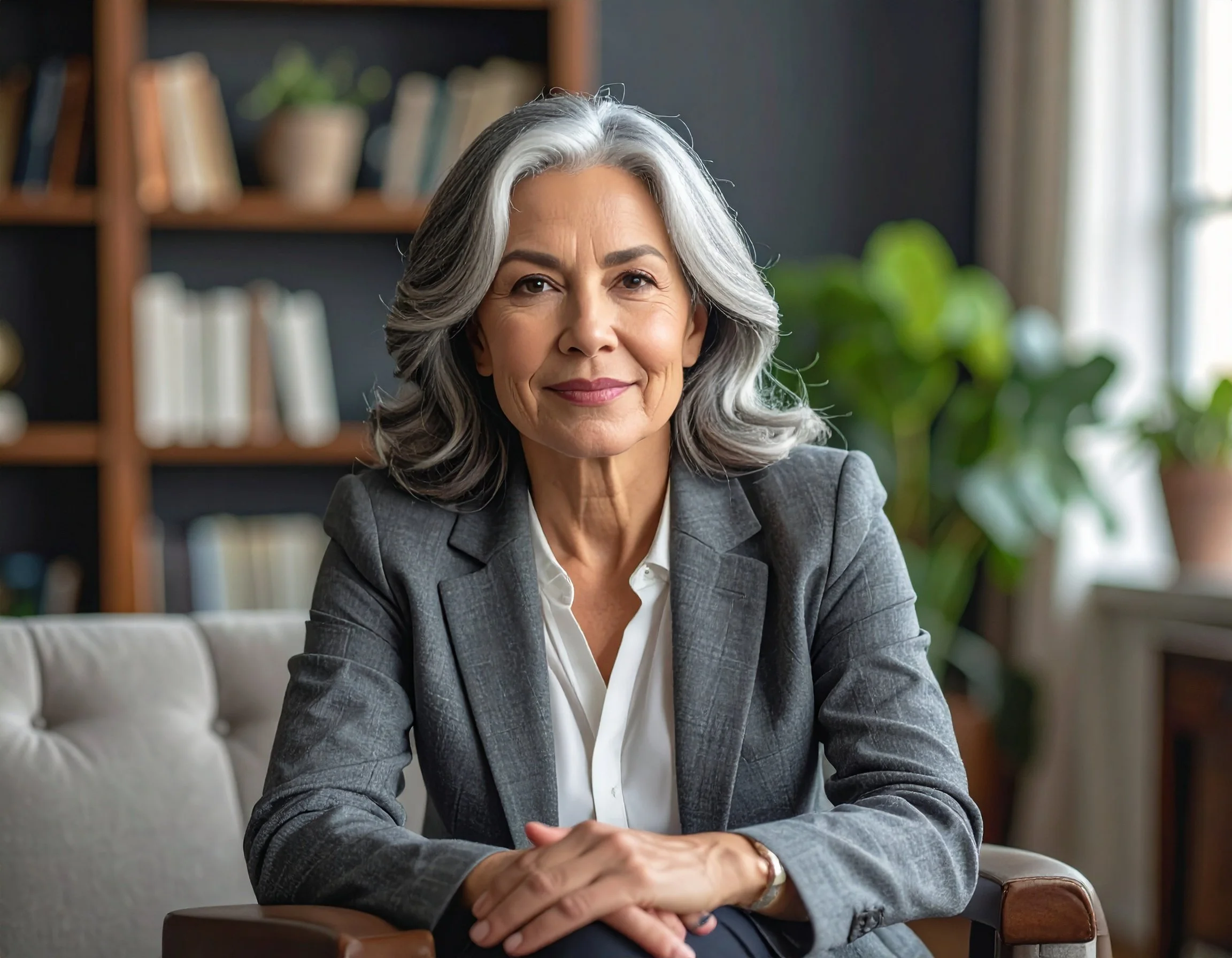 A mature woman with gray hair and a warm smile, dressed in a gray blazer and white blouse, sitting on a sofa in a well-lit room with bookshelves and green plants in the background.