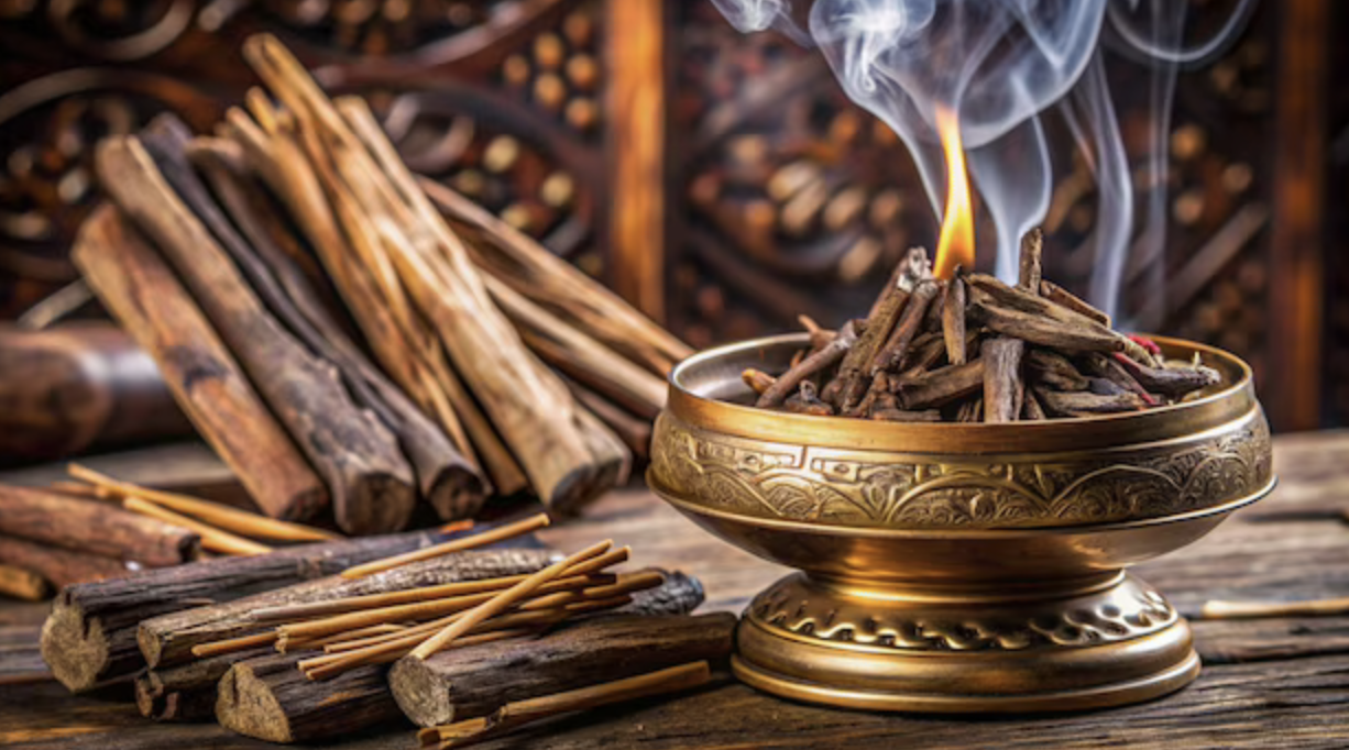 A brass incense burner with burning sticks of incense, smoke rising, surrounded by more incense sticks and bundles of firewood in the background.