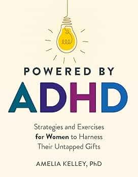 Book cover titled 'Powered by ADHD' with an illustration of a lit lightbulb. Subtitle: 'Strategies and Exercises for Women to Harness Their Untapped Gifts.' Author: Amelia Kelley, PhD.