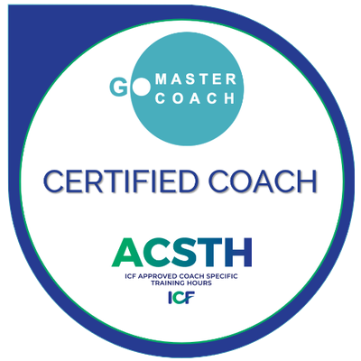 Certified coach badge with the text 'G O Master Coach', 'Certified Coach', and 'ACSTH' for ICF approved coach specific training hours.
