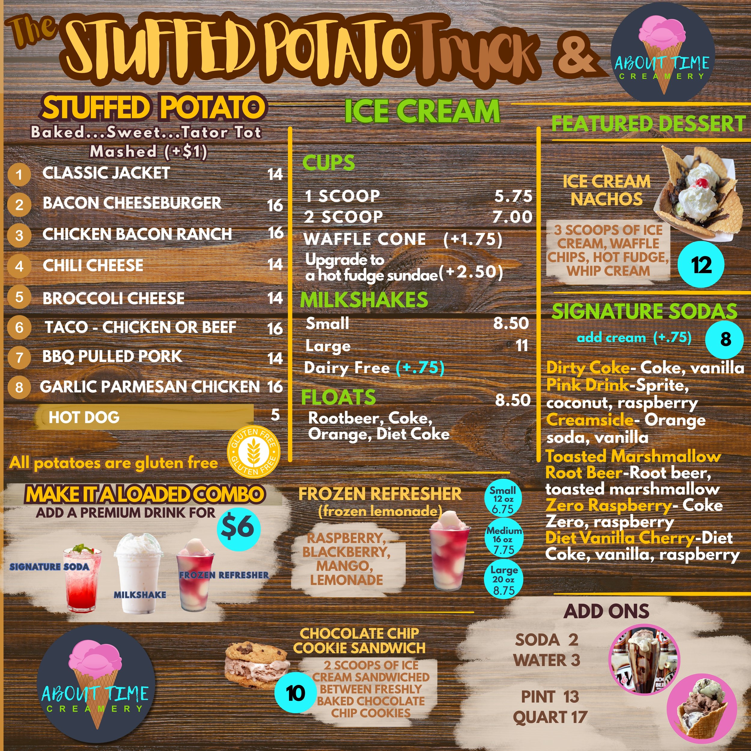 The Stuffed Potato Truck menu featuring loaded baked potatoes, tater tots, and mashed potatoes with toppings like bacon cheeseburger, chicken bacon ranch, chili cheese, taco, BBQ pulled pork, plus ice cream and milkshakes from About Time Creamery.