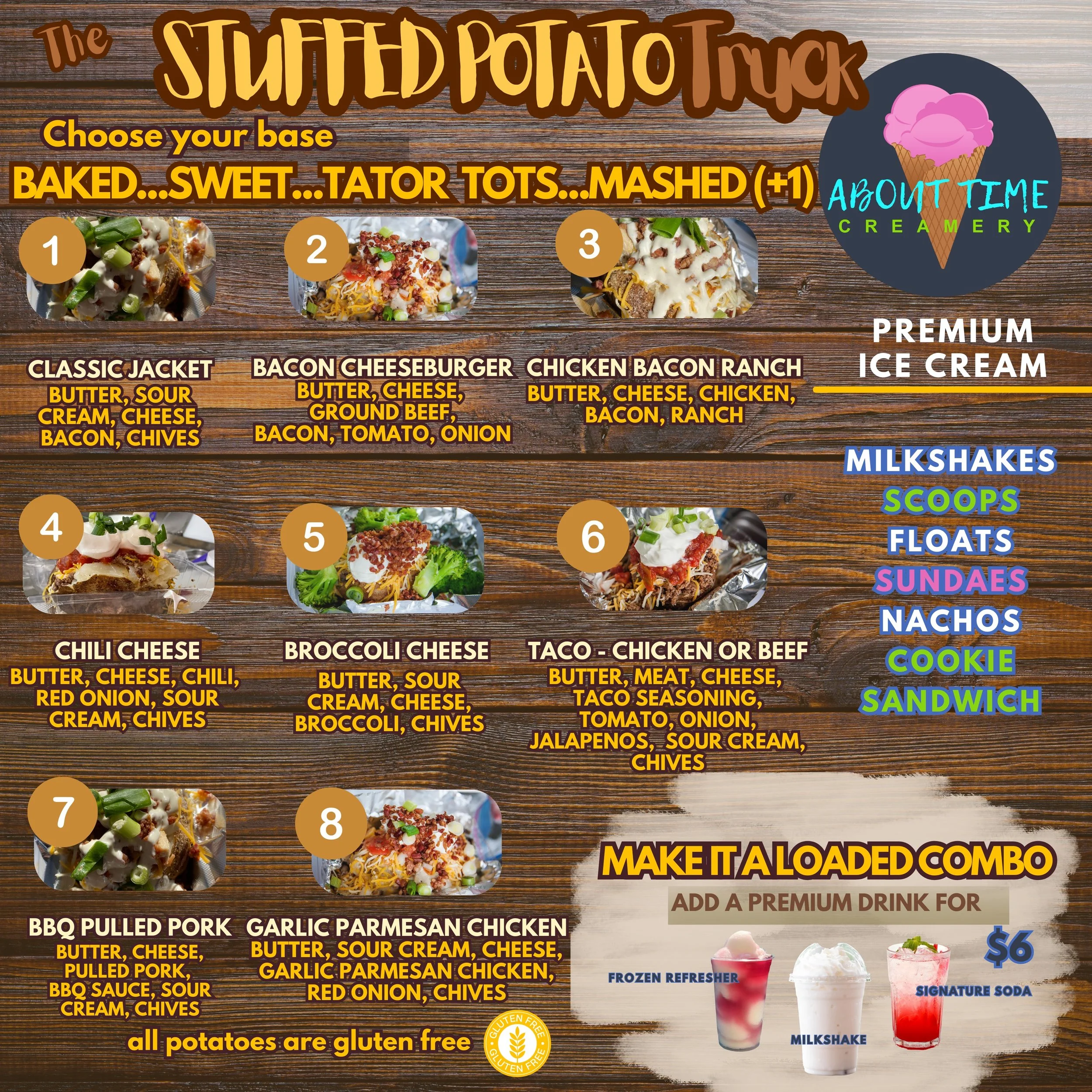 The Stuffed Potato Truck menu featuring loaded baked potatoes, tator tots, and mashed potatoes with toppings like bacon cheeseburger, chicken bacon ranch, chili cheese, taco, bbq pulled pork, plus ice cream and milkshakes from About Time Creamery