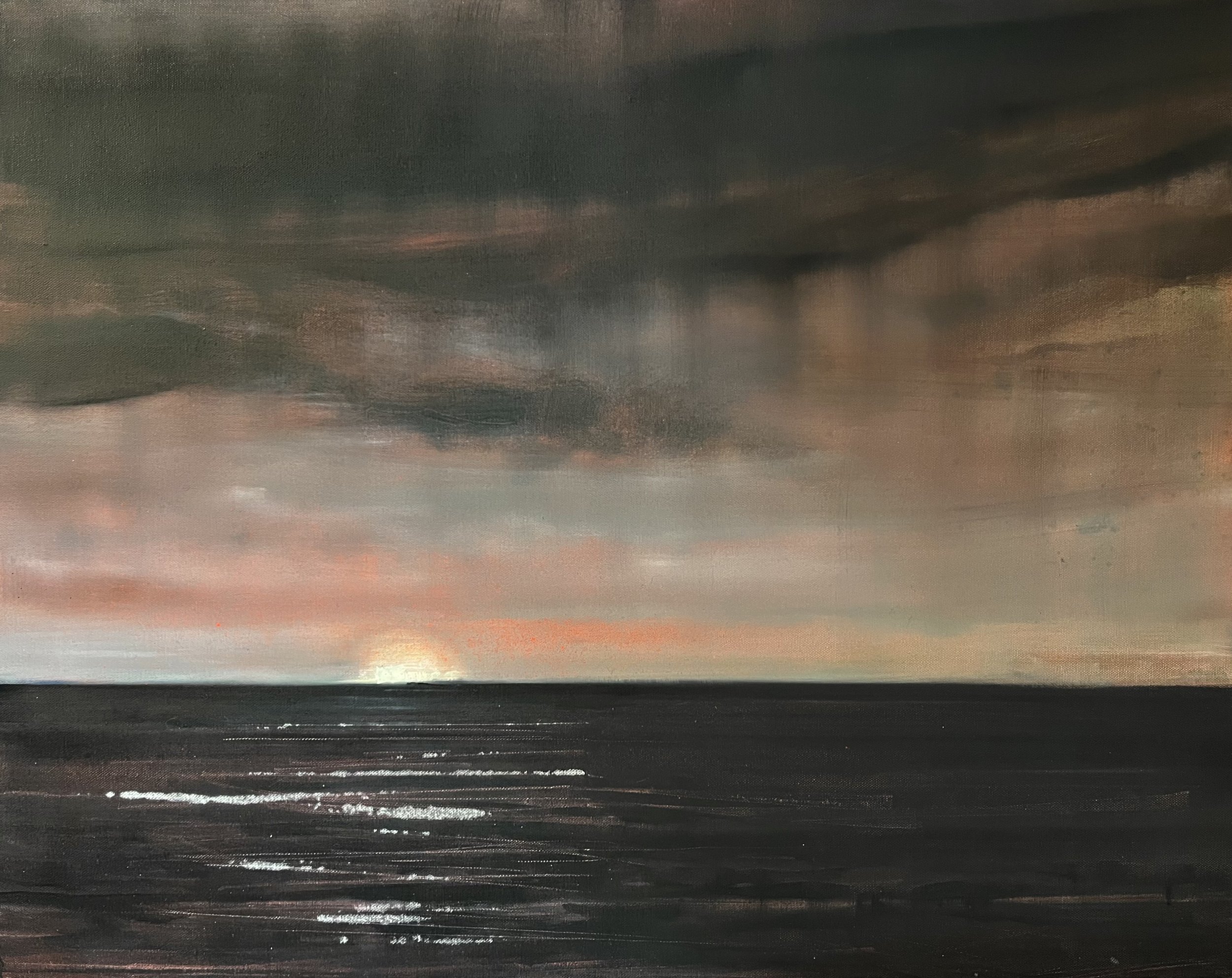 Painting of a sunset over the ocean with dark clouds in the sky and light reflecting on the water.