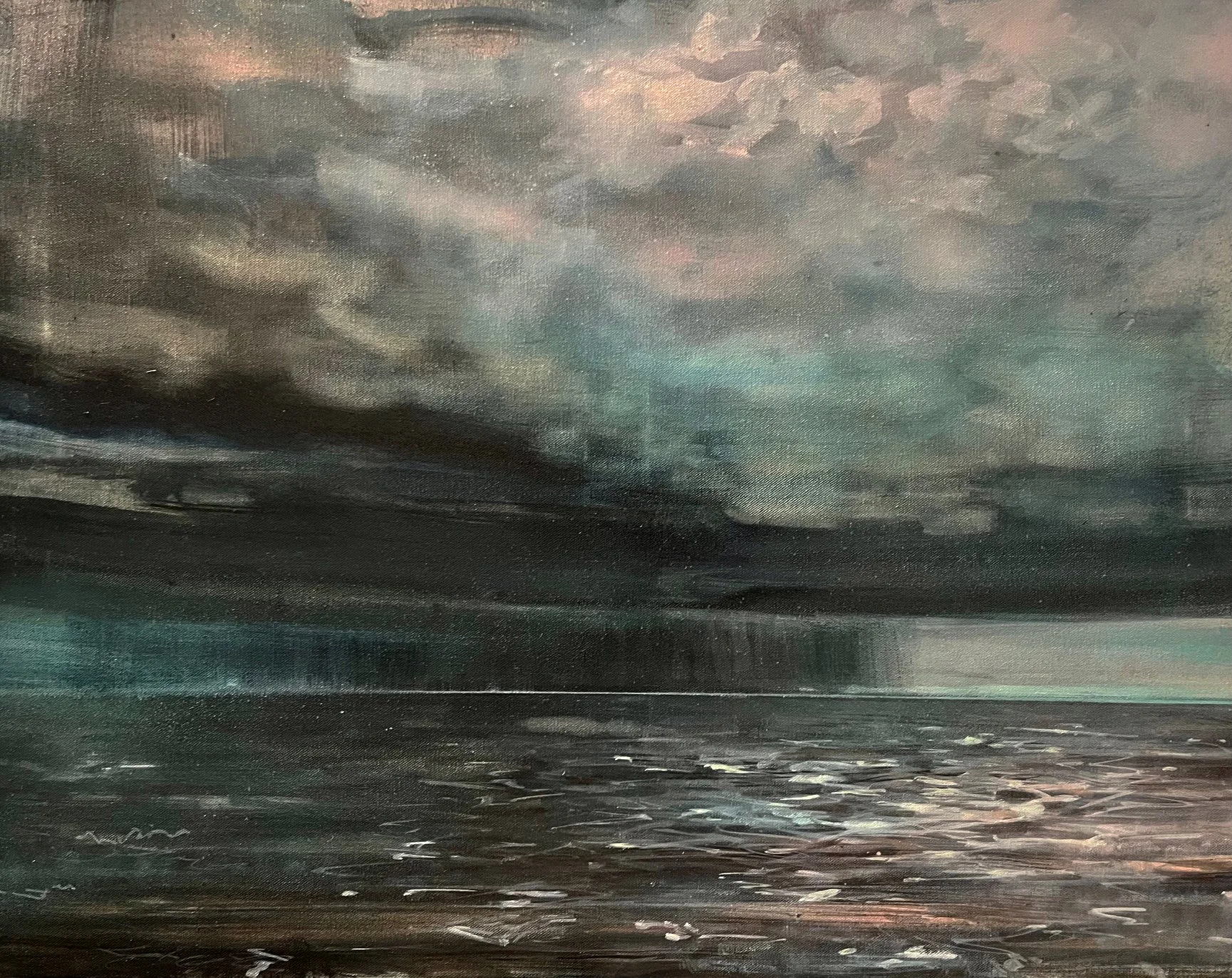 Impressionistic painting of a dark ocean under a stormy, cloudy sky with a hint of sunlight breaking through.