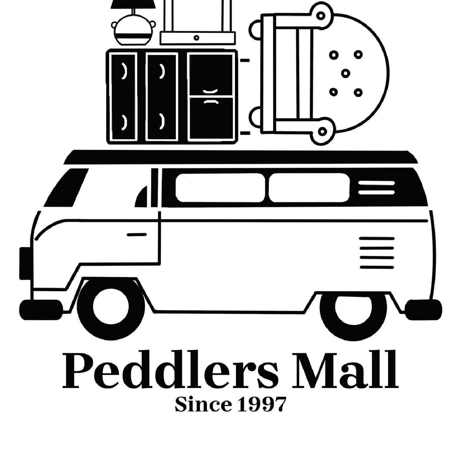 A black and white logo for Peddlers Mall featuring a vintage camper van loaded with furniture and decor items, with text below reading "Peddlers Mall Since 1997."
