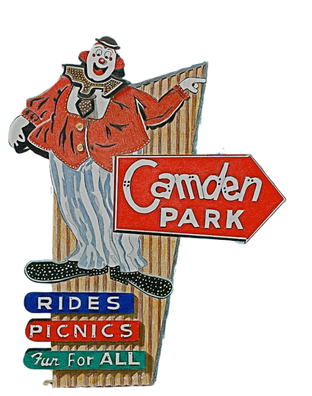 Clown pointing to a directional sign for Camden Park with additional signs advertising rides, picnics, and fun for all.