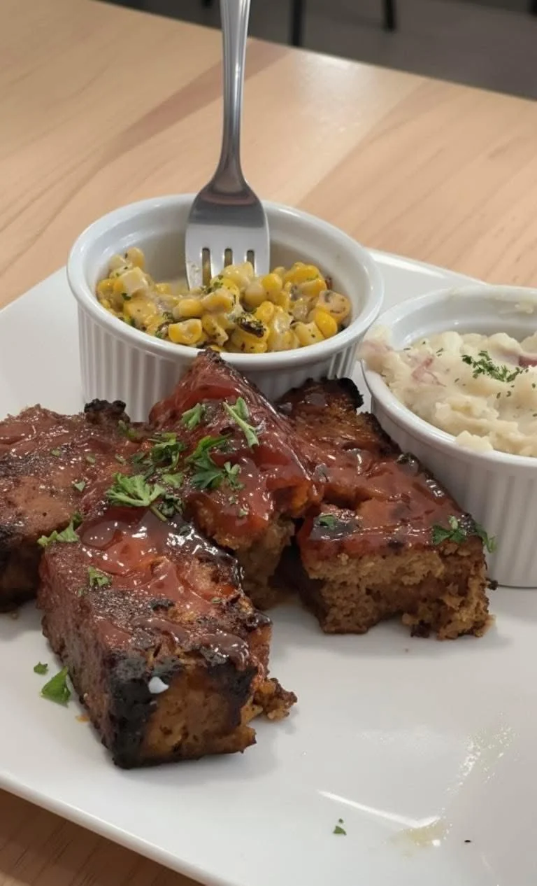 Barbecue ribs topped with sauce, side of mashed potatoes with herbs, and a bowl of creamed corn on a white plate.