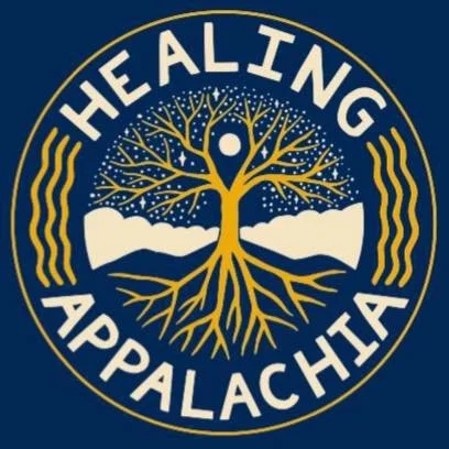 Logo for the Healing Appalachia organization featuring a gold tree with roots, stars, and mountains, surrounded by the text 'Healing Appalachia'.
