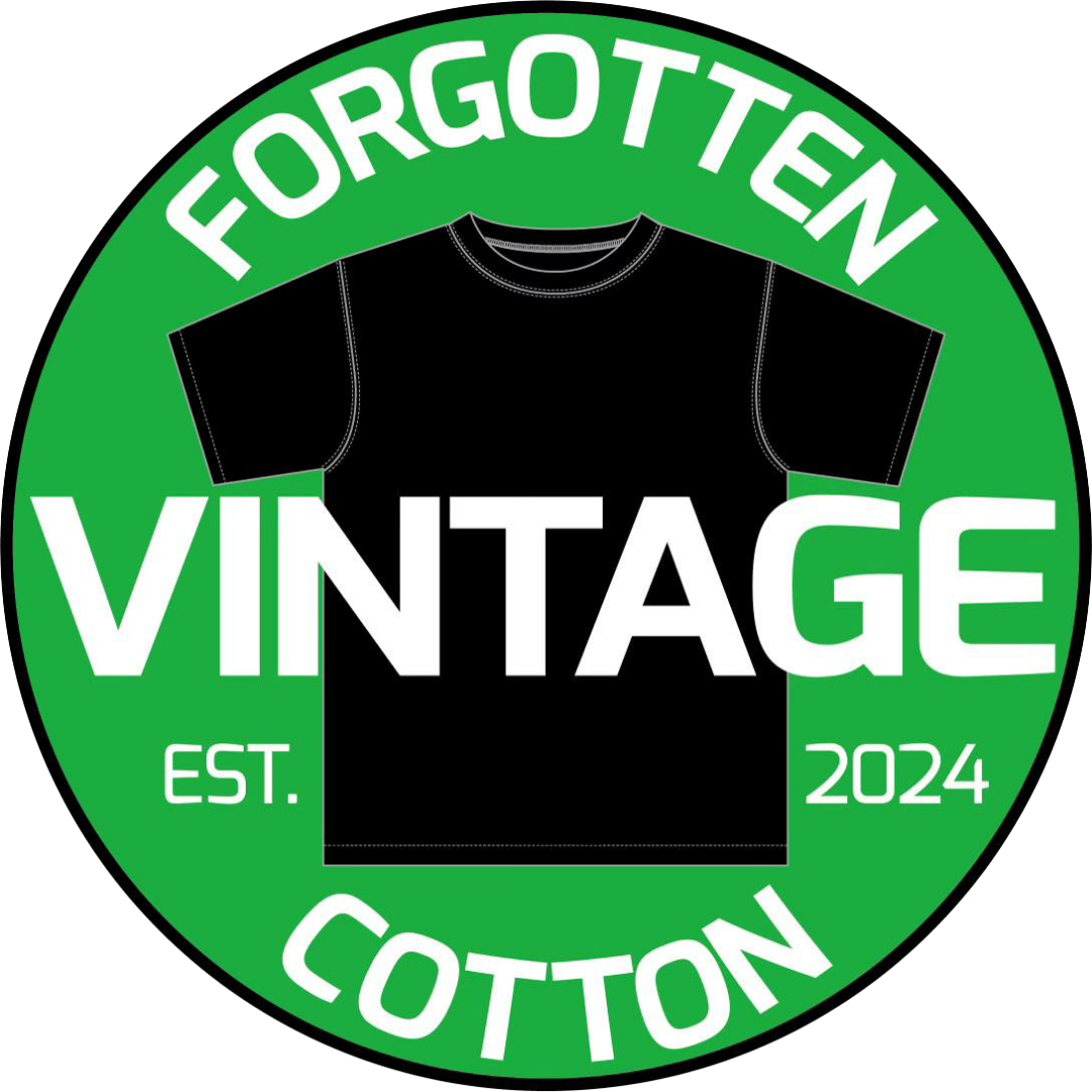 Green circular logo with the words "Forgotten Cotton Vintage" and "EST. 2024" surrounding an illustration of a black T-shirt.