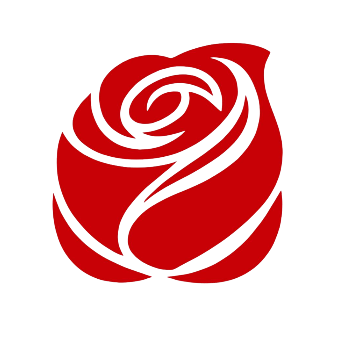 A stylized red rose logo with a white outline.