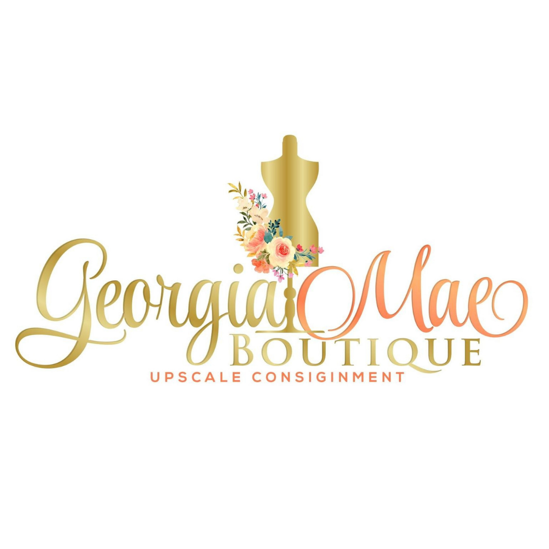 Logo for Georgia Mae Boutique featuring a mannequin with floral decoration, elegant gold and peach cursive text, and the tagline 'Upscale Consignment'.